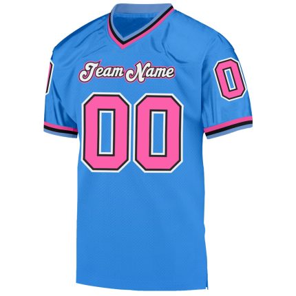 Personalized Powder Blue Pink-Black Mesh Authentic Throwback Football Jersey Team Custom Name and Number