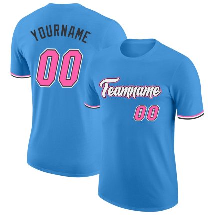 Personalized Powder Blue Pink-Black Performance T-Shirt Team Custom Name and Number