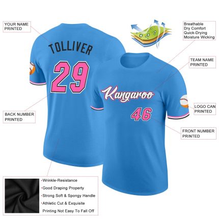 Personalized Powder Blue Pink-Black Performance T-Shirt Team Custom Name and Number