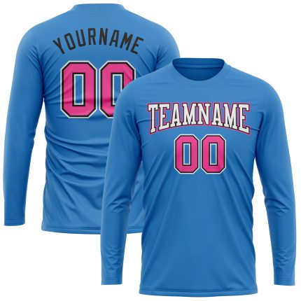 Personalized Powder Blue Pink Black-White Long Sleeve Performance T-Shirt Team Custom Name and Number