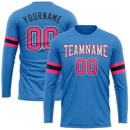 Personalized Powder Blue Pink Black-White Long Sleeve Performance T-Shirt Team Custom Name and Number