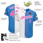 Personalized Powder Blue Pink-White Authentic Split Fashion Baseball Jersey Team Custom Name and Number