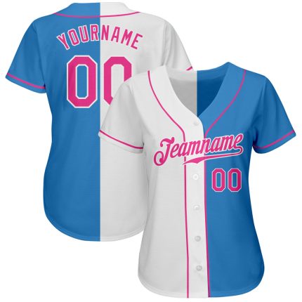 Personalized Powder Blue Pink-White Authentic Split Fashion Baseball Jersey Team Custom Name and Number