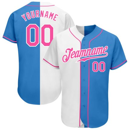 Personalized Powder Blue Pink-White Authentic Split Fashion Baseball Jersey Team Custom Name and Number