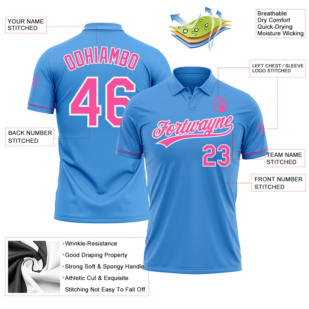 Personalized Powder Blue Pink-White Performance Vapor Golf Polo Shirt Team Custom Name and Number Personalized Powder Blue Pink-White Performance Vapor Golf Polo Shirt Team Custom Name and Number - Image 3
