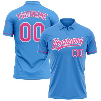 Personalized Powder Blue Pink-White Performance Vapor Golf Polo Shirt Team Custom Name and Number