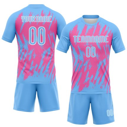 Personalized Powder Blue Pink-White Splash Sublimation Volleyball Uniform Jersey Team Custom Name and Number
