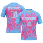 Personalized Powder Blue Pink-White Splash Sublimation Volleyball Uniform Jersey Team Custom Name and Number