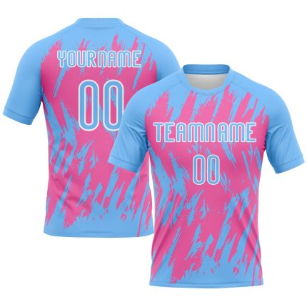 Personalized Powder Blue Pink-White Splash Sublimation Volleyball Uniform Jersey Team Custom Name and Number