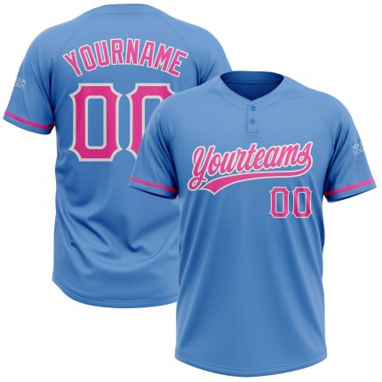 Personalized Powder Blue Pink-White Two-Button Unisex Softball Jersey Team Custom Name and Number
