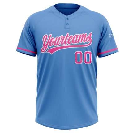 Personalized Powder Blue Pink-White Two-Button Unisex Softball Jersey Team Custom Name and Number