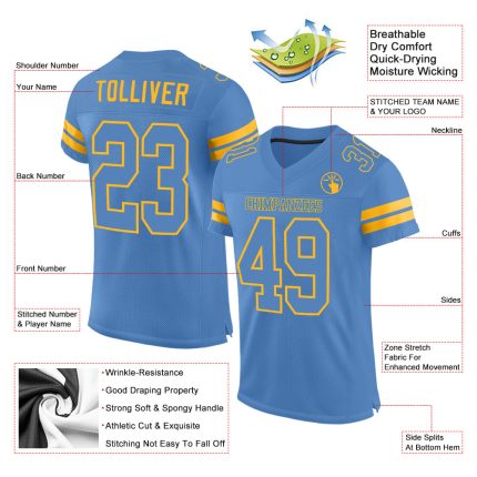 Personalized Powder Blue Powder Blue-Gold Mesh Authentic Football Jersey Team Custom Name and Number