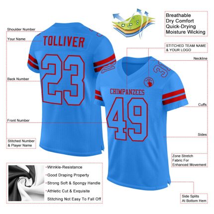 Personalized Powder Blue Powder Blue-Red Mesh Authentic Football Jersey Team Custom Name and Number