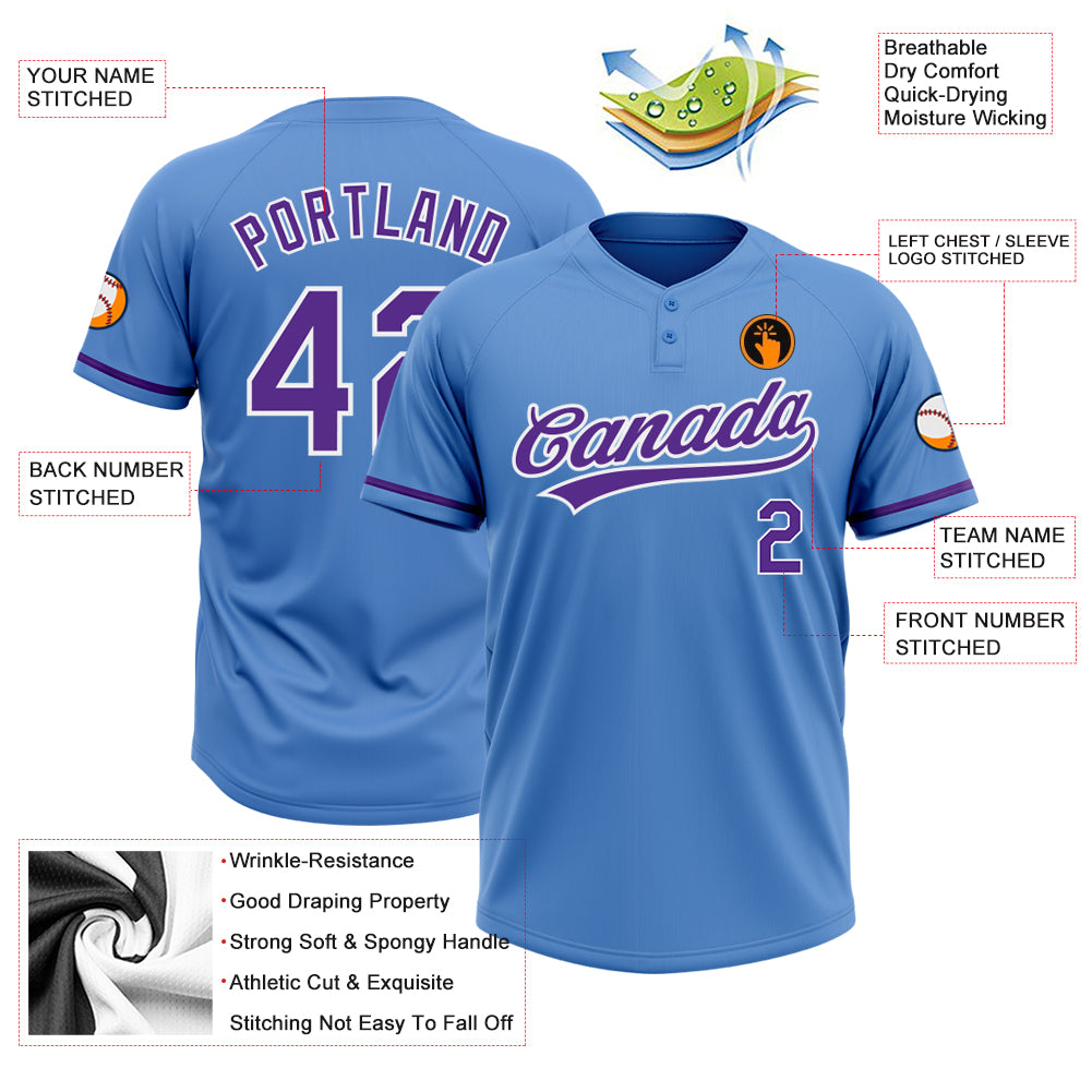 Personalized Powder Blue Purple-White Two-Button Unisex Softball Jersey Team Custom Name and Number Personalized Powder Blue Purple-White Two-Button Unisex Softball Jersey Team Custom Name and Number - Image 3