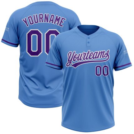Personalized Powder Blue Purple-White Two-Button Unisex Softball Jersey Team Custom Name and Number