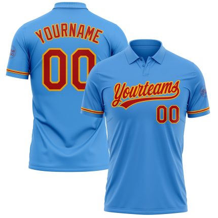 Personalized Powder Blue Red-Gold Performance Vapor Golf Polo Shirt Team Custom Name and Number