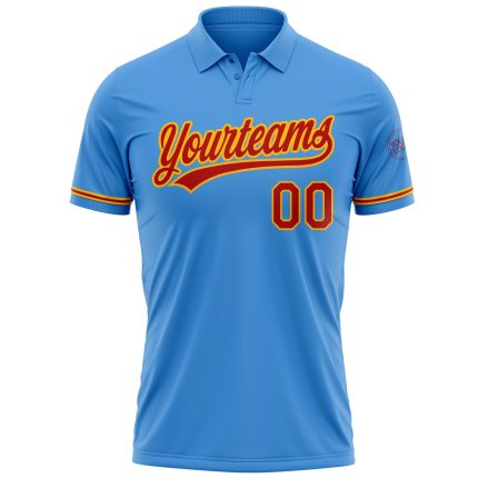 Personalized Powder Blue Red-Gold Performance Vapor Golf Polo Shirt Team Custom Name and Number