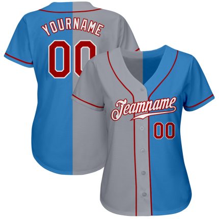 Personalized Powder Blue Red-Gray Authentic Split Fashion Baseball Jersey Team Custom Name and Number