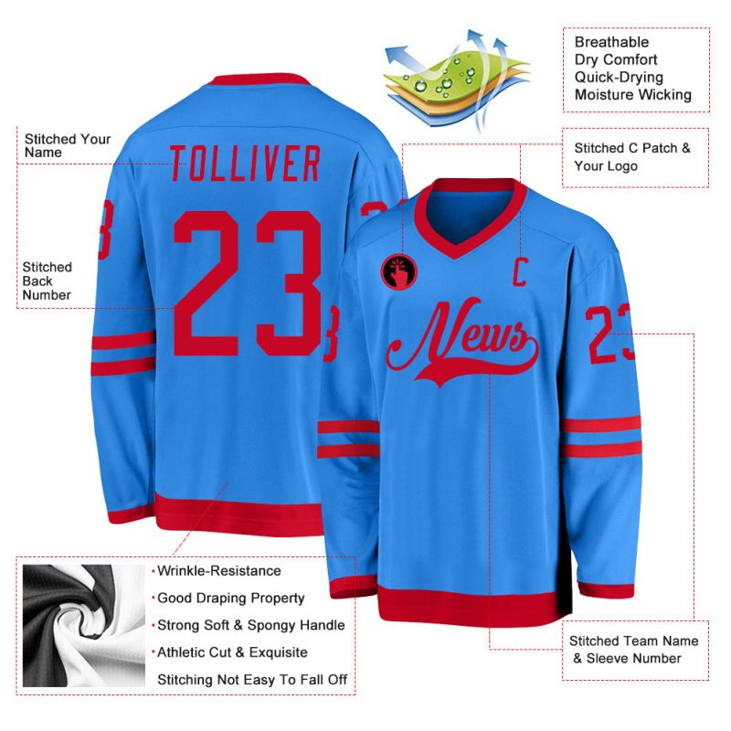 Personalized Powder Blue Red Hockey Jersey Team Custom Name and Number