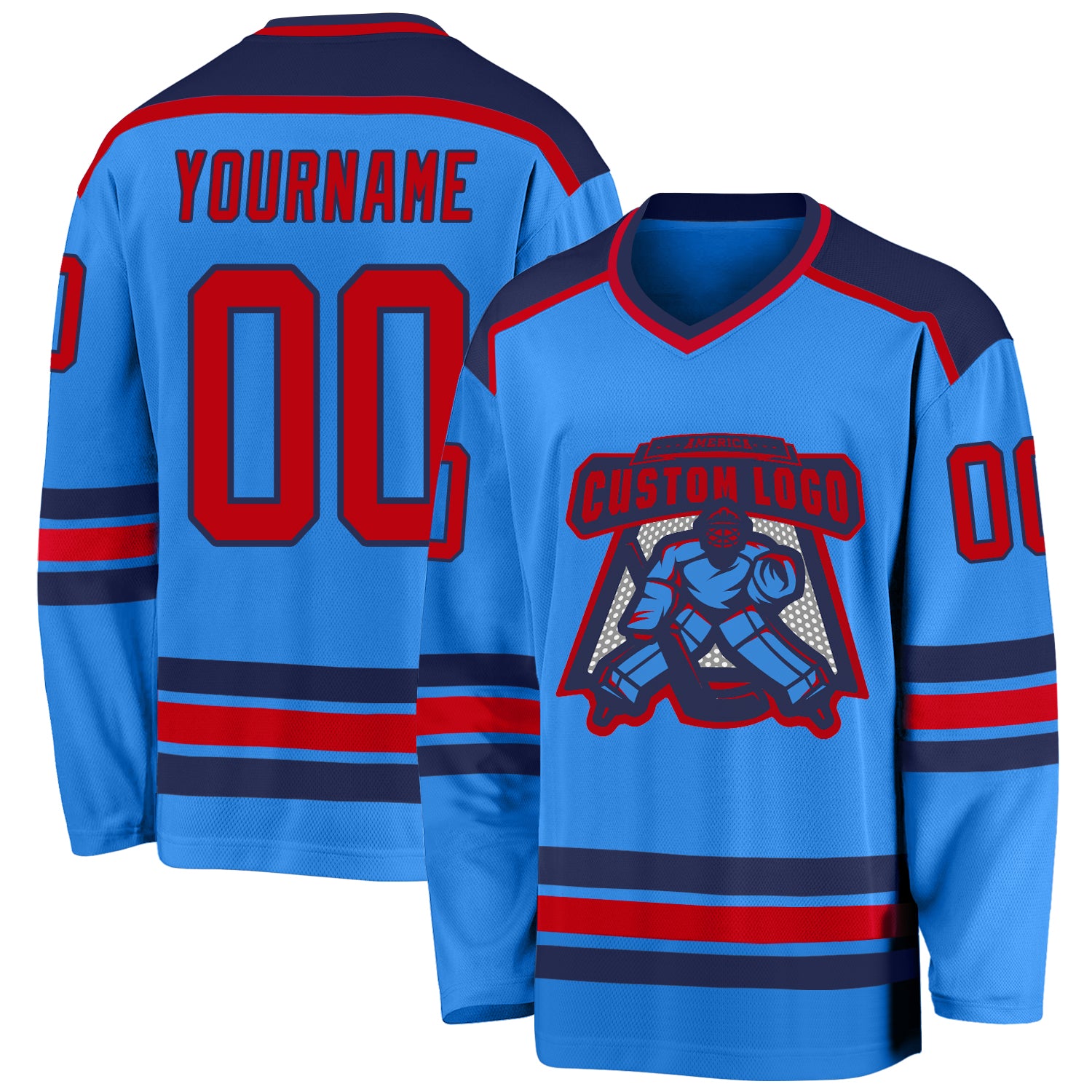Personalized Powder Blue Red-Navy Hockey Jersey