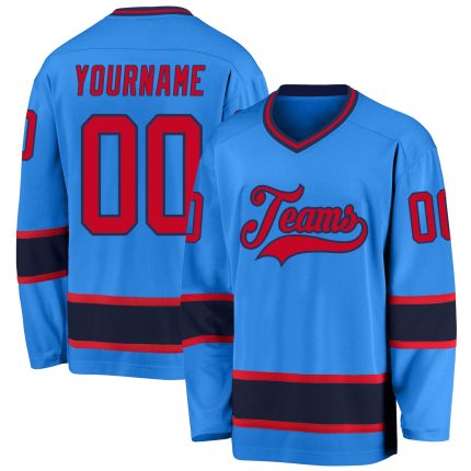 Personalized Powder Blue Red-Navy Hockey Jersey Team Custom Name and Number