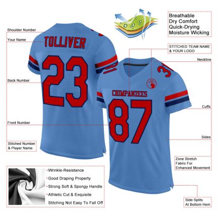 Personalized Powder Blue Red-Navy Mesh Authentic Football Jersey