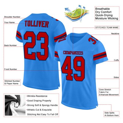 Personalized Powder Blue Red-Navy Mesh Authentic Football Jersey Team Custom Name and Number