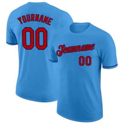Personalized Powder Blue Red-Navy Performance T-Shirt Team Custom Name and Number