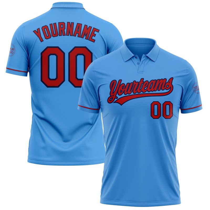 Personalized Powder Blue Red-Navy Performance Vapor Golf Polo Shirt Team Custom Name and Number