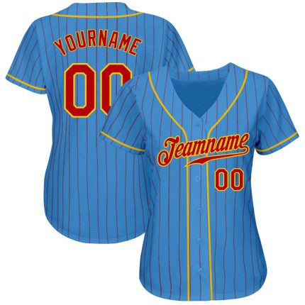 Personalized Powder Blue Red Pinstripe Red-Gold Authentic Baseball Jersey Team Custom Name and Number