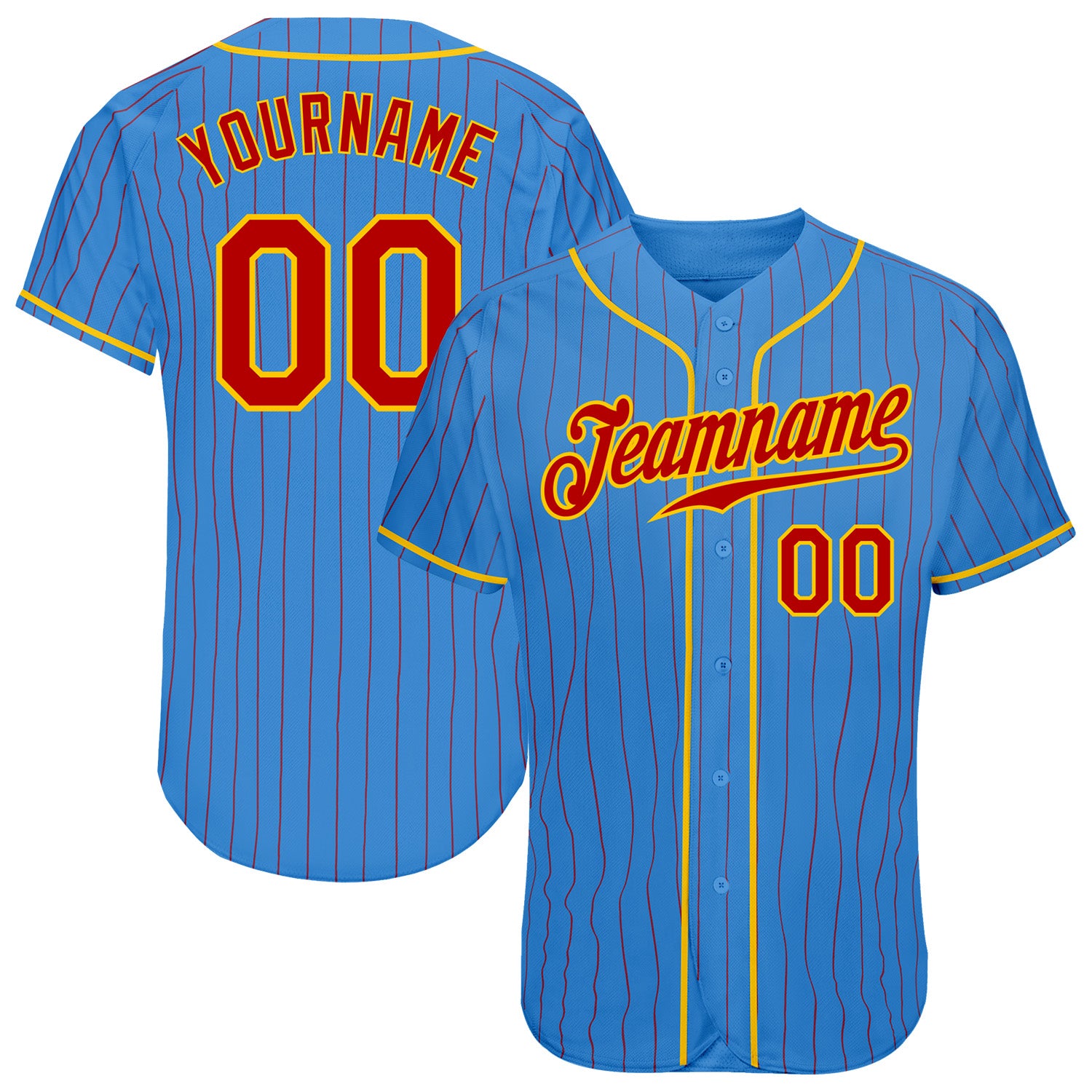 Personalized Powder Blue Red Pinstripe Red-Gold Authentic Baseball Jersey Team Custom Name and Number