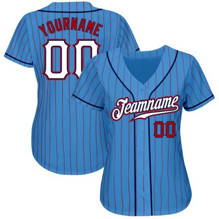 Personalized Powder Blue Red Pinstripe White-Navy Authentic Baseball Jersey