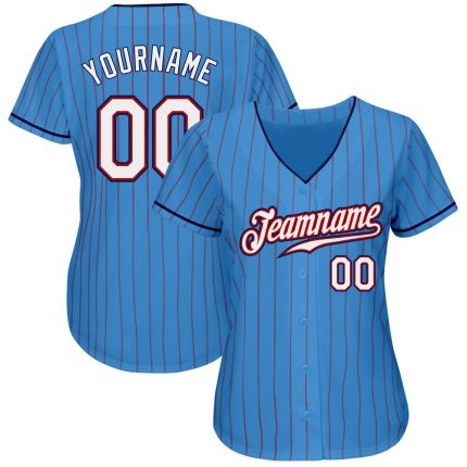 Personalized Powder Blue Red Pinstripe White-Navy Authentic Baseball Jersey Team Custom Name and Number