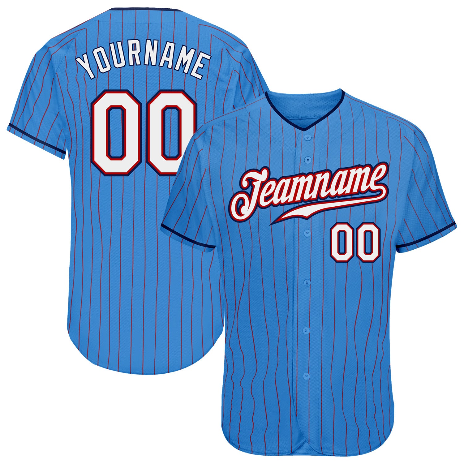 Personalized Powder Blue Red Pinstripe White-Navy Authentic Baseball Jersey Team Custom Name and Number