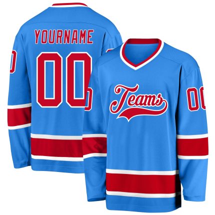 Personalized Powder Blue Red-White Hockey Jersey Team Custom Name and Number
