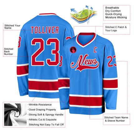 Personalized Powder Blue Red-White Hockey Jersey Team Custom Name and Number