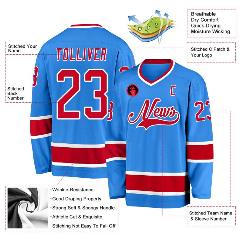 Personalized Powder Blue Red-White Hockey Jersey Team Custom Name and Number