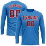 Personalized Powder Blue Red-White Long Sleeve Performance T-Shirt Team Custom Name and Number