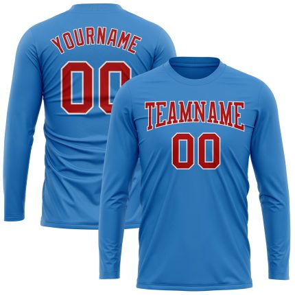 Personalized Powder Blue Red-White Long Sleeve Performance T-Shirt Team Custom Name and Number