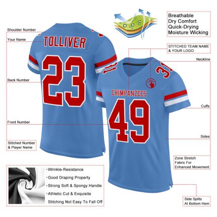 Personalized Powder Blue Red-White Mesh Authentic Football Jersey