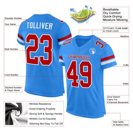 Personalized Powder Blue Red-White Mesh Authentic Football Jersey Team Custom Name and Number
