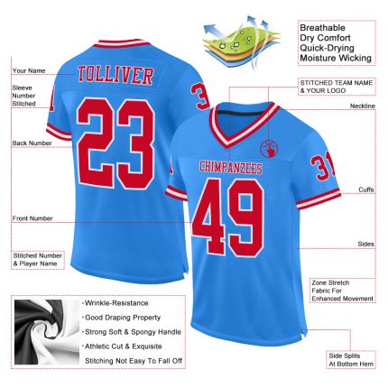 Personalized Powder Blue Red-White Mesh Authentic Throwback Football Jersey Team Custom Name and Number