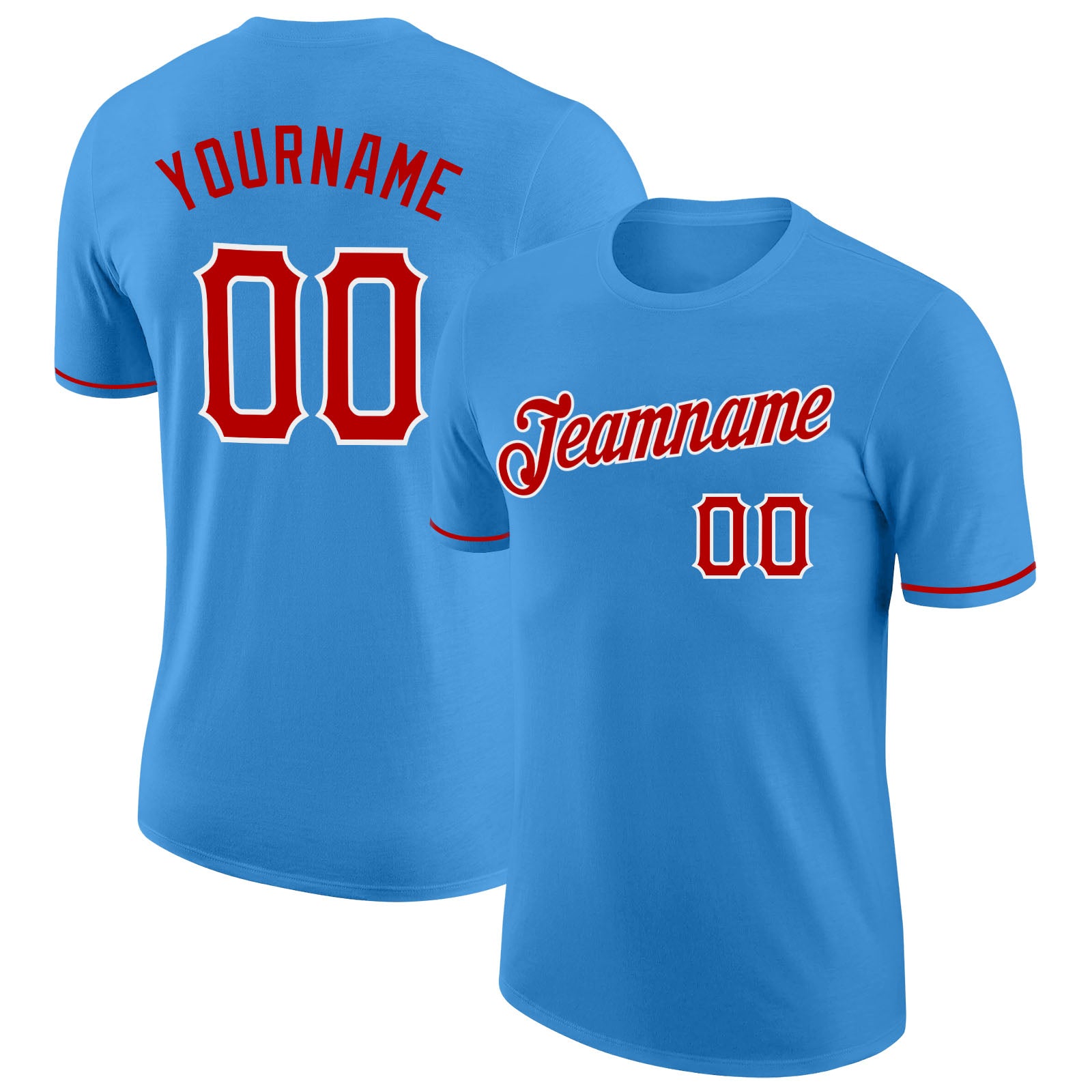 Personalized Powder Blue Red-White Performance T-Shirt Team Custom Name and Number