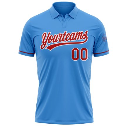 Personalized Powder Blue Red-White Performance Vapor Golf Polo Shirt Team Custom Name and Number