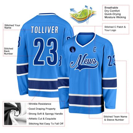 Personalized Powder Blue Royal-White Hockey Jersey Team Custom Name and Number