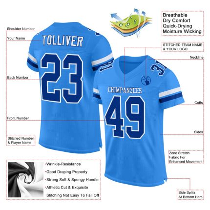 Personalized Powder Blue Royal-White Mesh Authentic Football Jersey Team Custom Name and Number