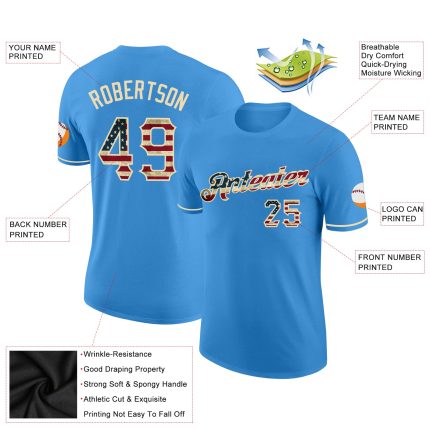 Personalized Powder Blue Vintage USA Flag-City Cream Performance T-Shirt Team Custom Name and Number