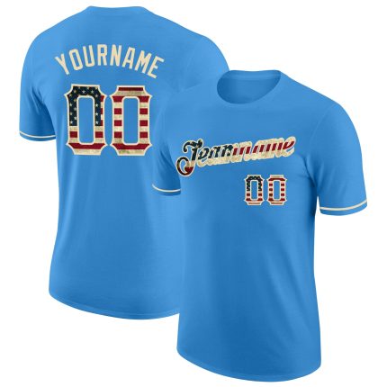 Personalized Powder Blue Vintage USA Flag-City Cream Performance T-Shirt Team Custom Name and Number