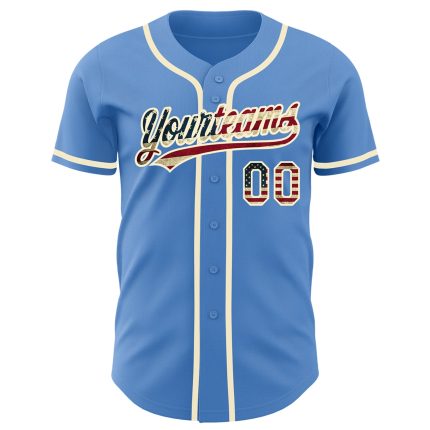 Personalized Powder Blue Vintage USA Flag-Cream Authentic Baseball Jersey Team Custom Name and Number