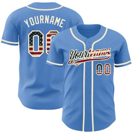 Personalized Powder Blue Vintage USA Flag-Cream Authentic Baseball Jersey Team Custom Name and Number